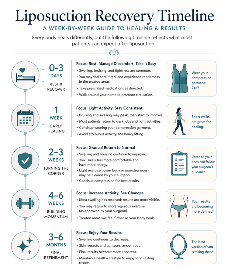 liposuction recovery infographic showing basic timeline with recovery milestones