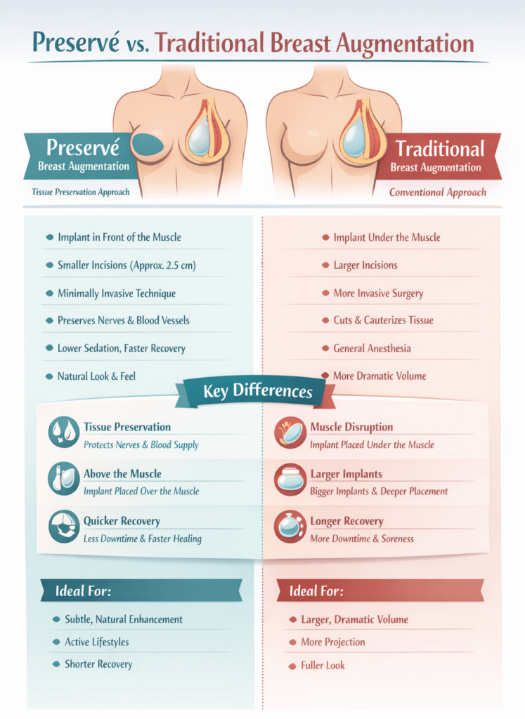 Preservé infographic comparing differences between traditional and preservation breast augmentation