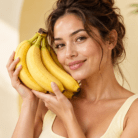 thumbnail woman holding a bunch of ripe bananas near her face