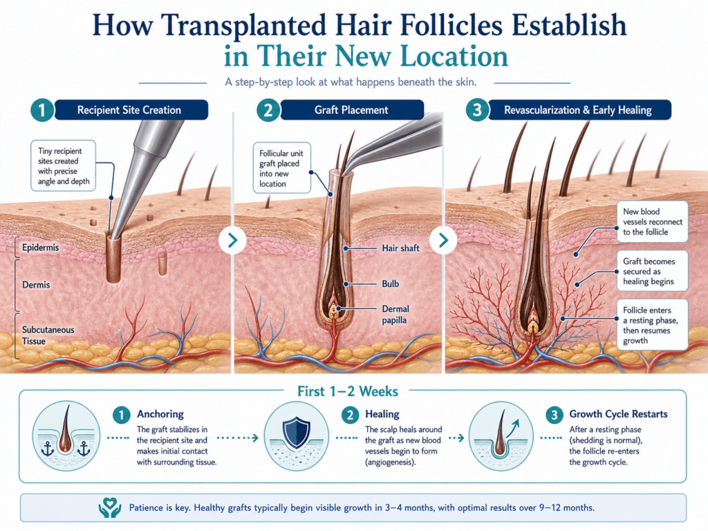 animated graphic showing how transplanted follicle becomes established in its new location