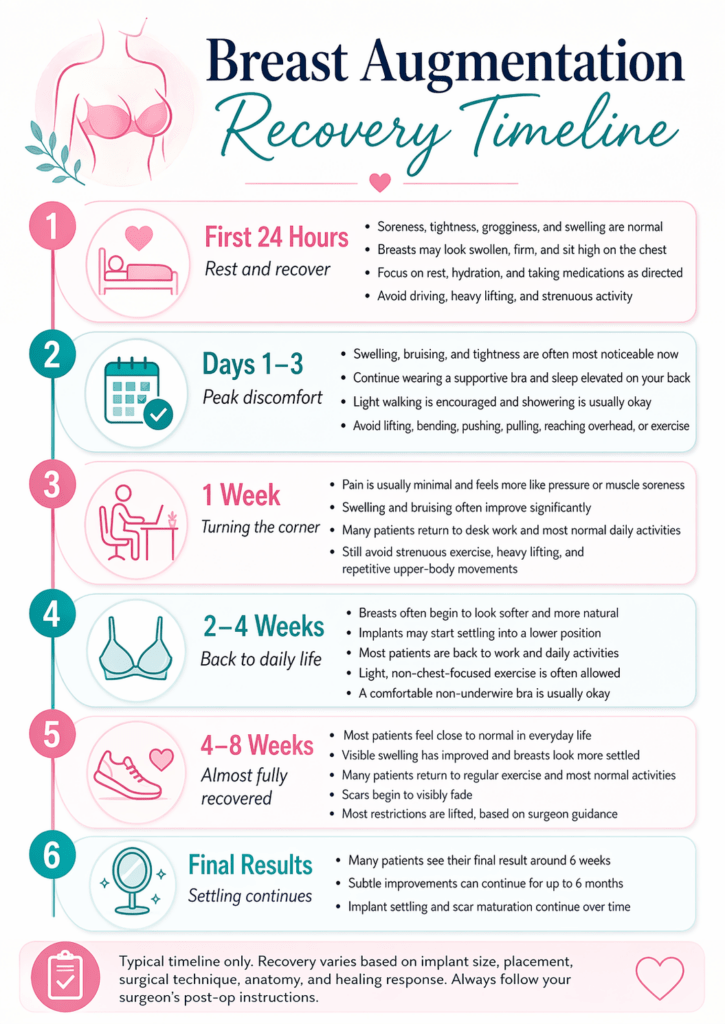 breast augmentation recover timeline infographic with milestones