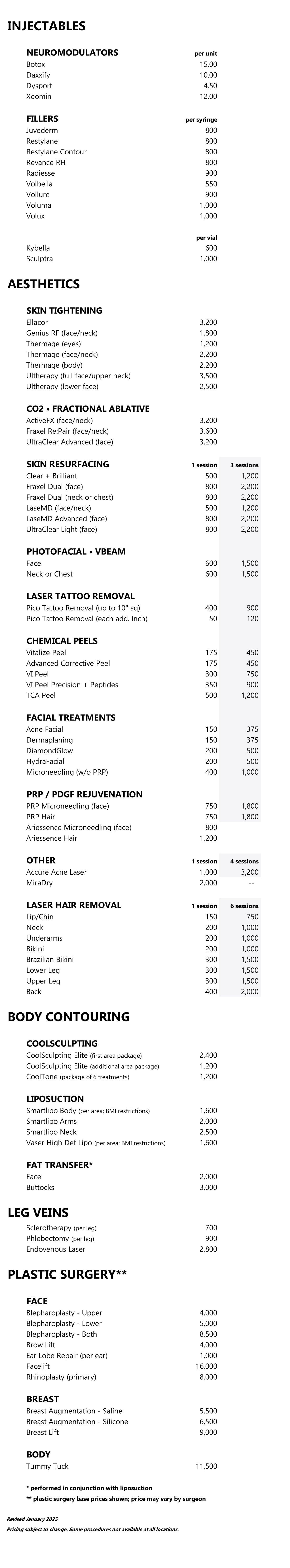 procedure pricing list