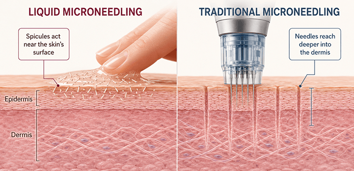 graphic showing differnt depth levels of liquid microneedling vs traditional microneedling