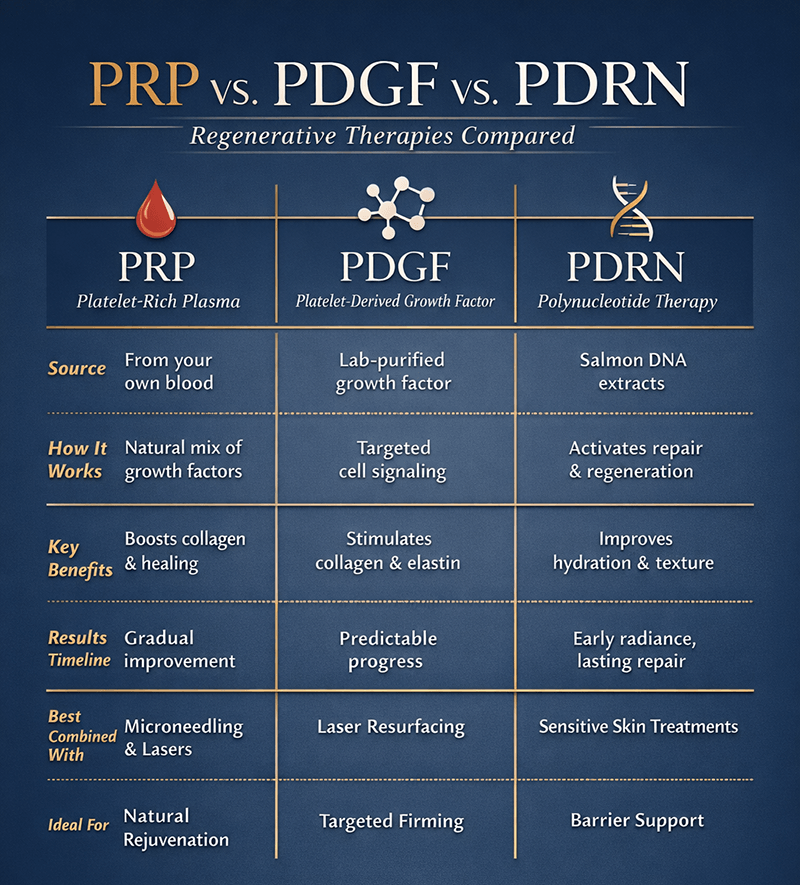 regenertive thearpies infographic comparing PRP vs PDGF vs PDRN
