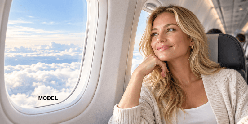 close up of woman flying on an airplane post skincare regimen