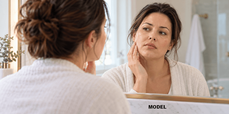 woman examining facial puffiness in the mirror