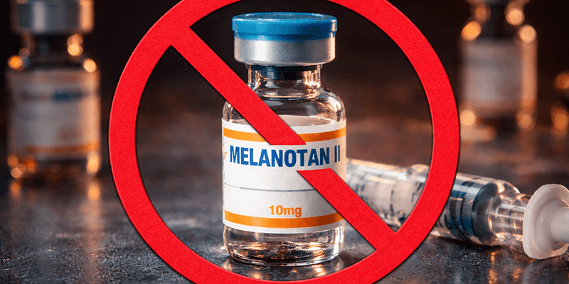 photo showing a red x over a Melanotan II via and syringe