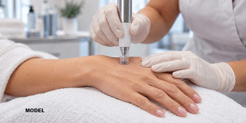 close up of woman hand microneedling