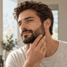 thumbnail man inspecting moderate hair loss along beard