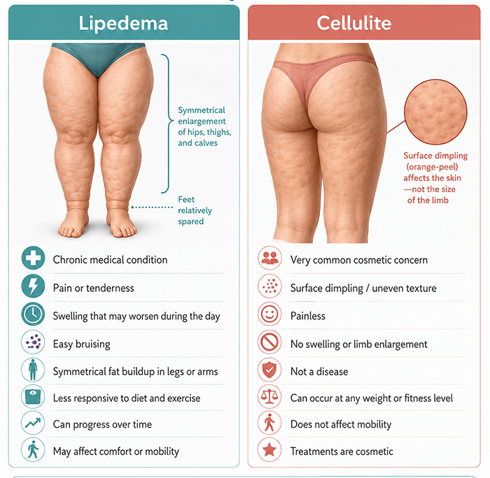 infographic illustration showing difference between lipedema and cellulite with key differences highlighted in bullet points