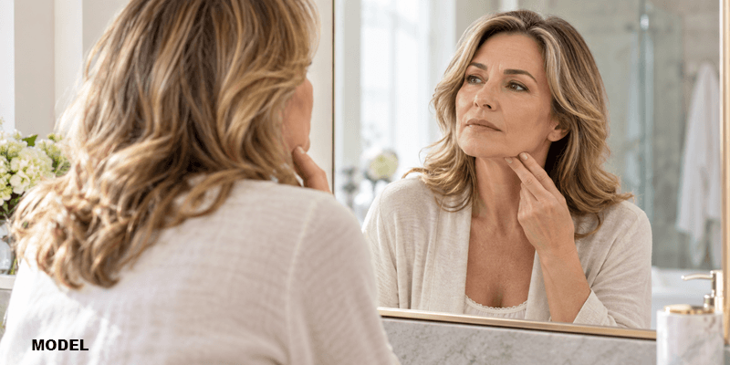 concerned woman looking in mirror at neck bands