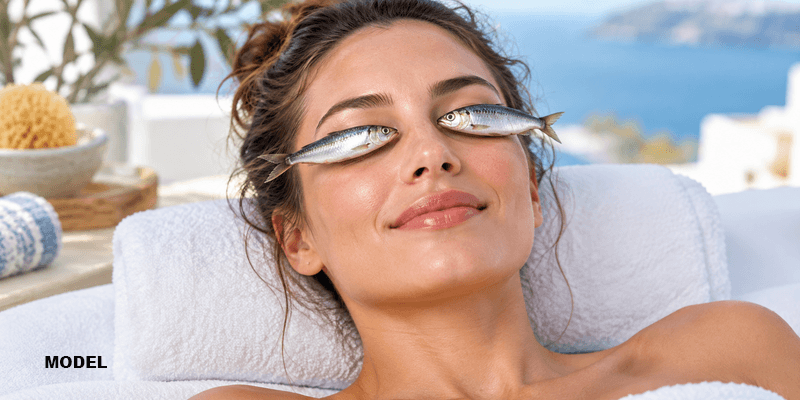 woman with great skin and sardines covering eyes