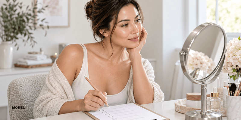 model woman taking glass skin audit while looking in mirror